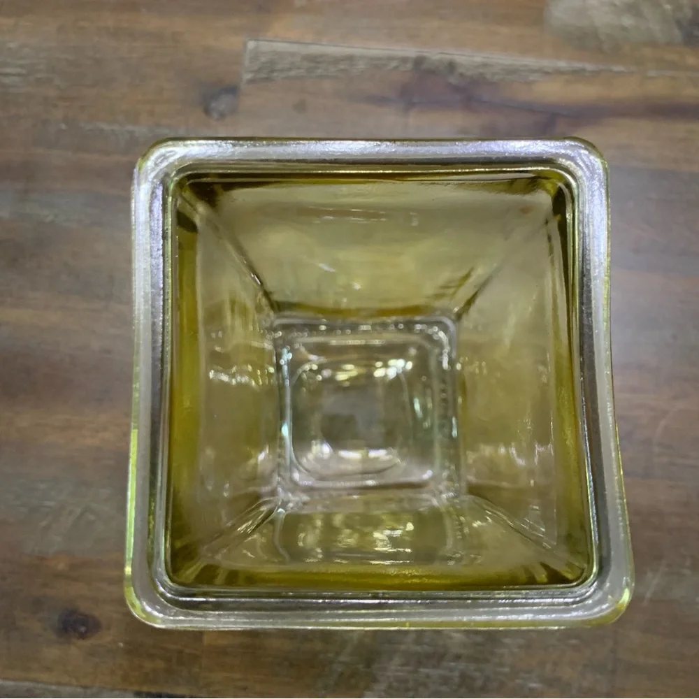 Yellow glass unique square shaped floral decorative vase. 8in tall 3.5in opening